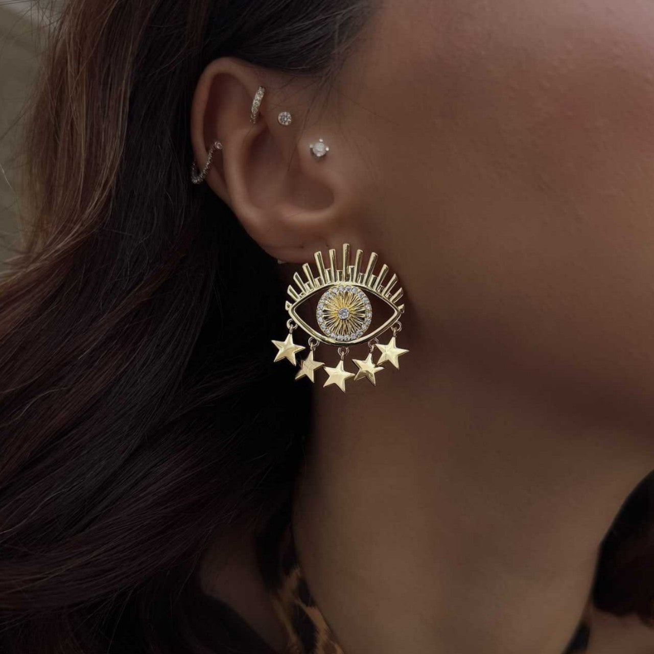 Wholesale Hollow Metal Evil Eye Earrings Rhinestone Tassel Star for Women Party Wear Fashion Accessory