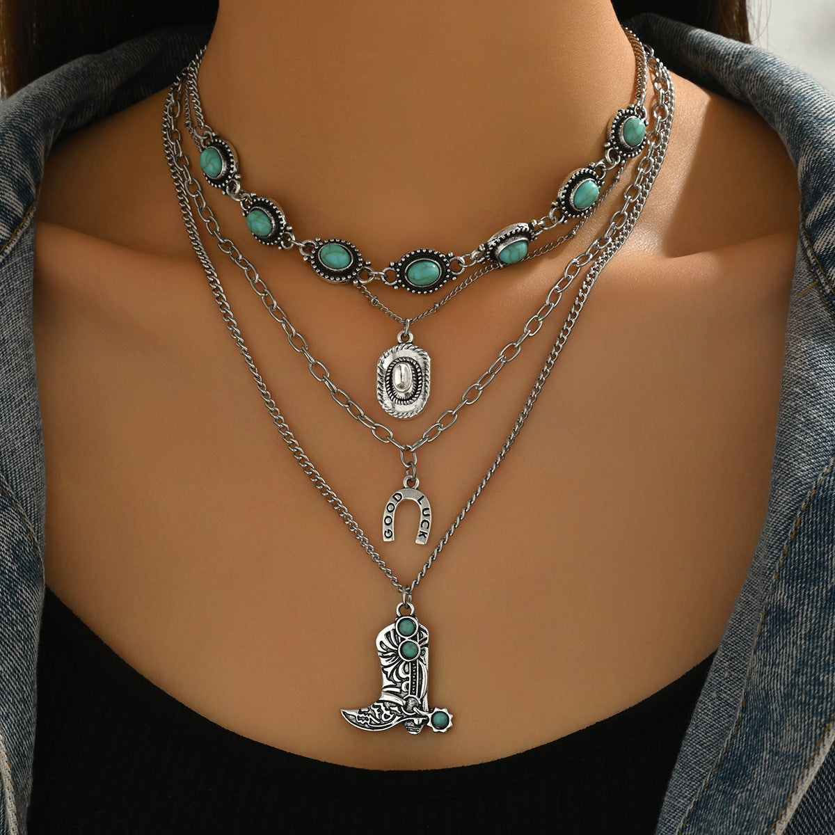 Wholesale Electroplated Alloy Cowboy Necklace Set Vintage Bull Head Turquoise Jewelry Accessory