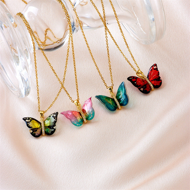 Wholesale Titanium Steel Necklace Epoxy Color Butterfly Pendant Clavicle Chain Choker Necklace ACC-NE-Rongc008