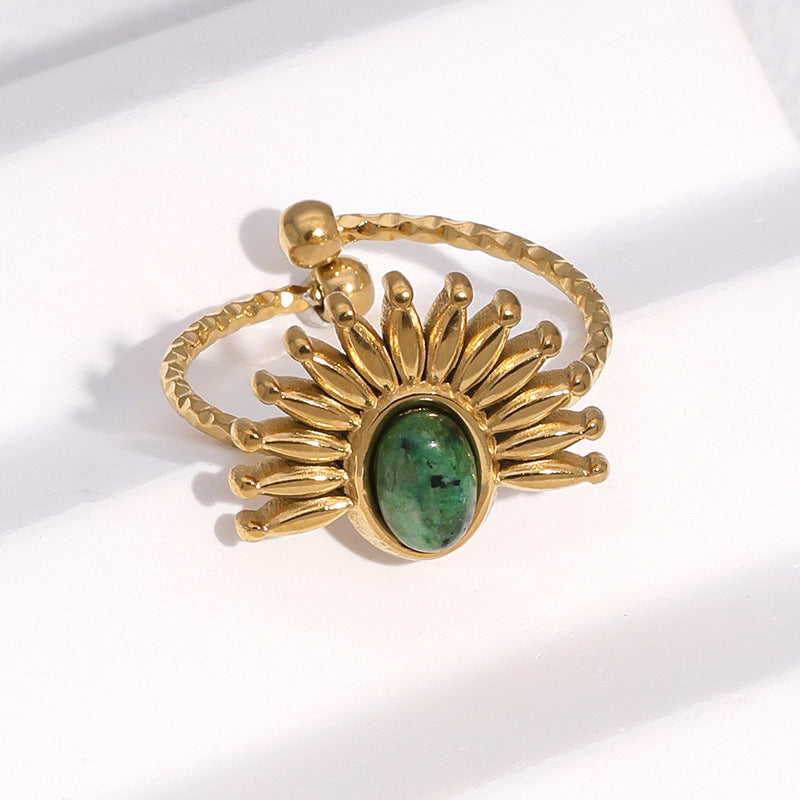 Wholesale Fashion Flower Design Open Ring,  Stainless Steel with Amber Stone,  18K Gold Plated,  Boutique Resale Jewelry Accessory