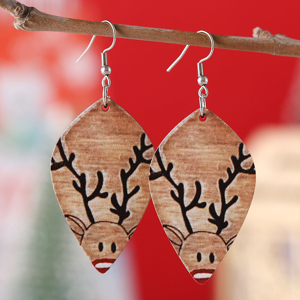 Wholesale Christmas Winter Elk Geometric Pendant Wooden  Earrings