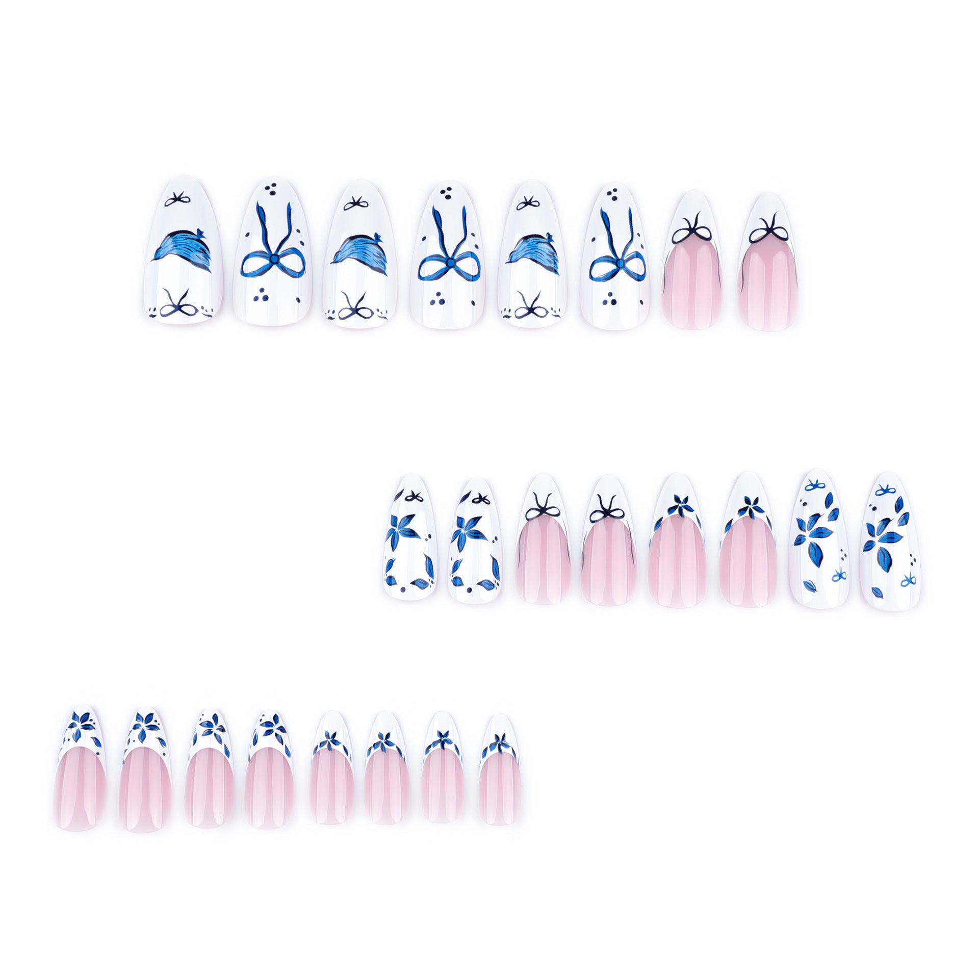 Wholesale 24 Pieces/box Blue Bow Flower Nails Kits Nail Stickers