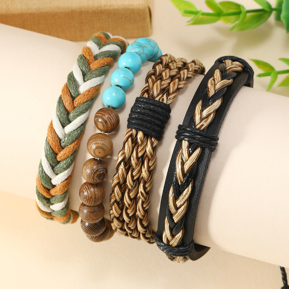 Wholesale Bohemian Handmade Woven Wood Turquoise Bracelet Set