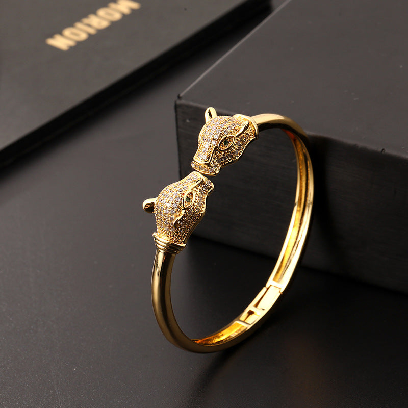 Wholesale Electroplated Copper Leopard Open Bangle With Zircon Trendy Hip Hop Style Jewelry Accessory For Everyday Wear