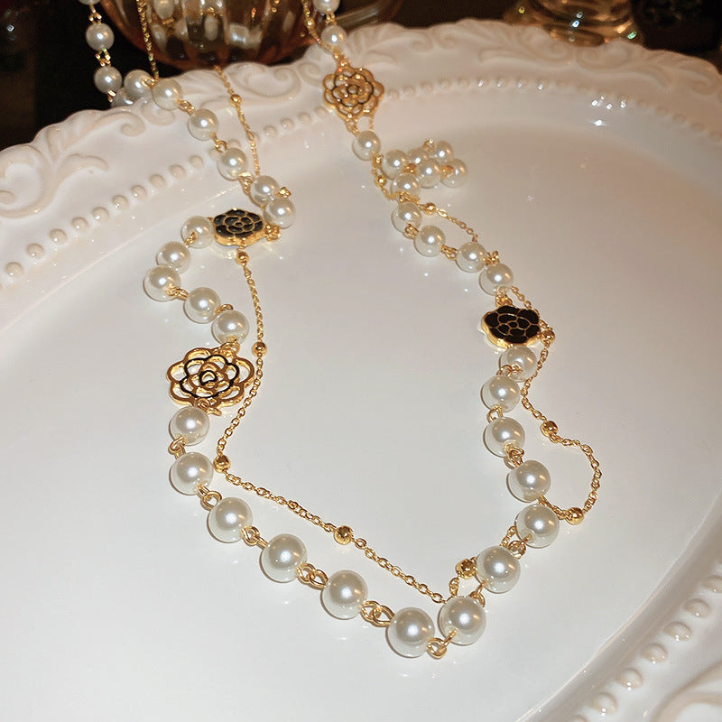 Wholesale  geometric zircon Pearl T-shaped buckle necklace