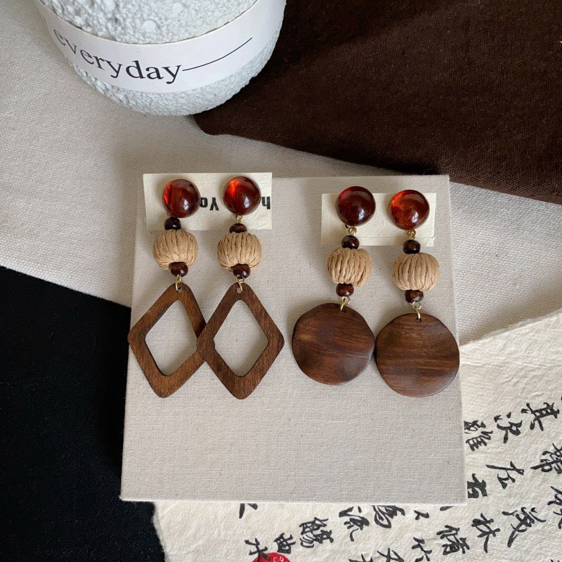 Wholesale Stylish Wooden Geometric Earrings Handmade New Chinese Style Fashion Accessory