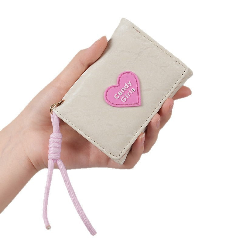 Wholesale PU Women' s Tri-Fold Wallet,  Korean Style Cute Heart Pattern,  Short Lanyard Purse,  Everyday Fashion Accessory