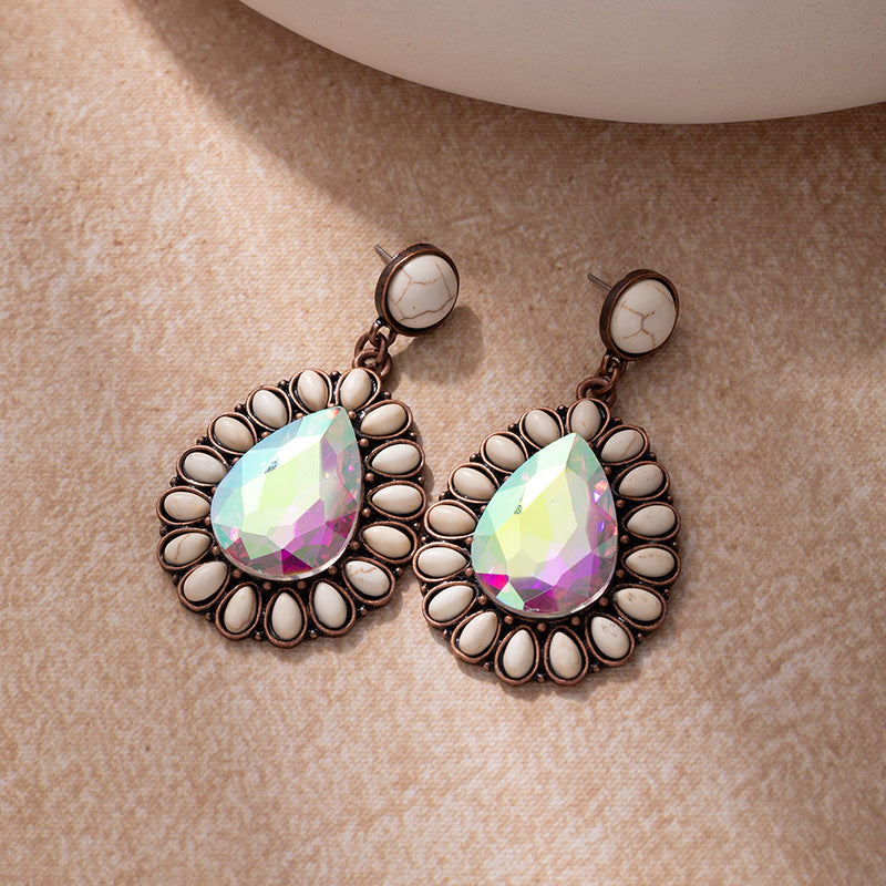 Wholesale Turquoise earrings retro western ethnic style alloy exaggerated water drop earrings