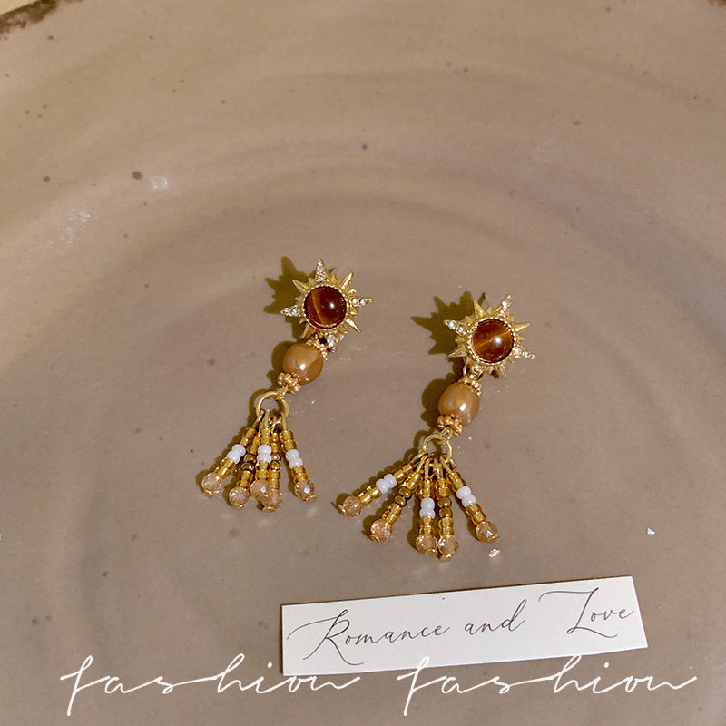 Wholesale Retro Caramel Tiger Eye Stone Pearl Tassel Earrings Eight Pointed Star Drop Earrings For Women Party Jewelry Accessory For Boutique Resale