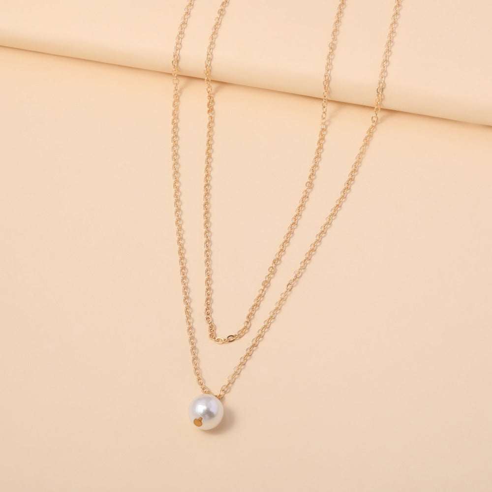 Wholesale single pearl pendant double-layer necklace adjustable necklace