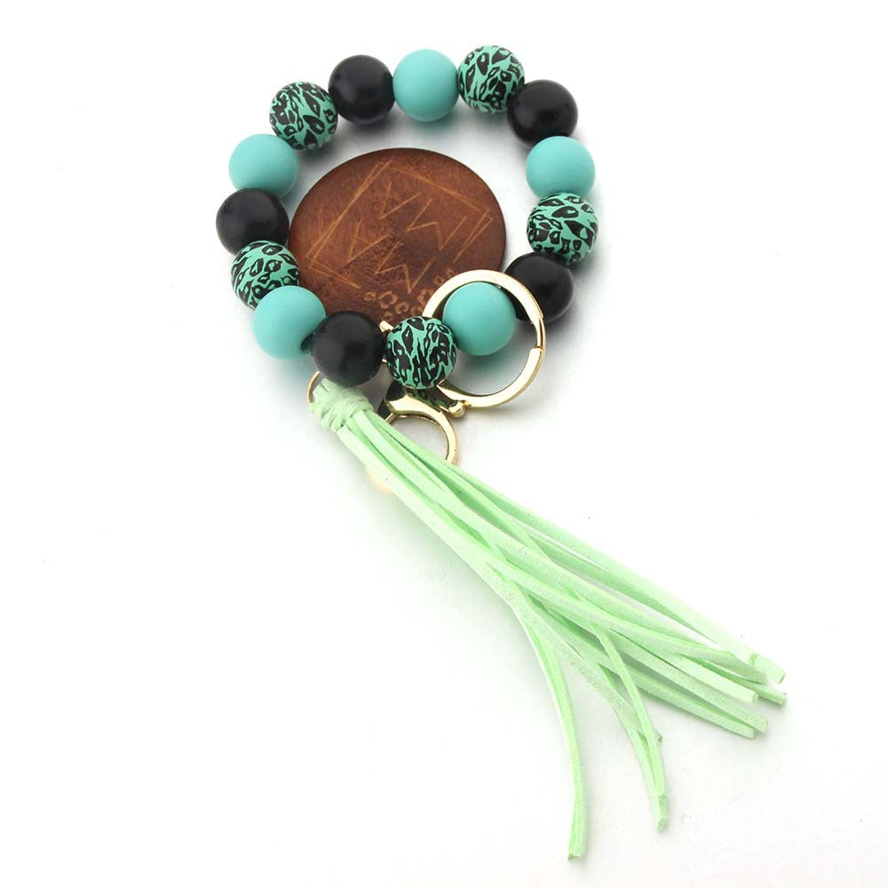 Wholesale Leopard Print MAMA Mother's Day Wooden Beads Beaded Keychain Wristlet Keychain ACC-KC-JinAn010