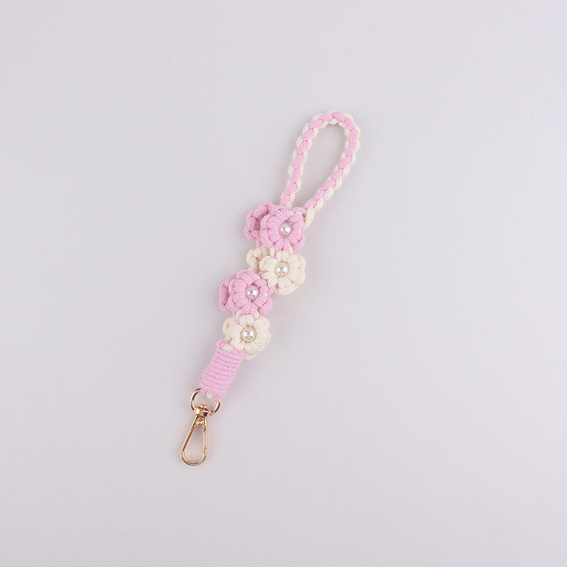 Wholesale Handwoven Pearl Flower Keychain Cute Candy Color Phone Lanyard With Cotton Rope Chic Bag Charm Everyday Use