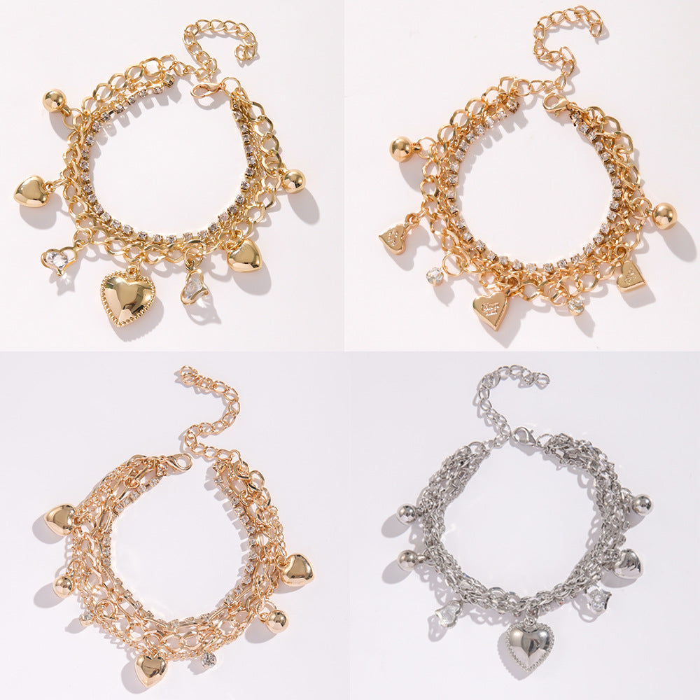 Wholesale Trendy Multi-Layer Love Rose Adjustable Pendant Bracelet Electroplated Alloy Jewelry Accessory