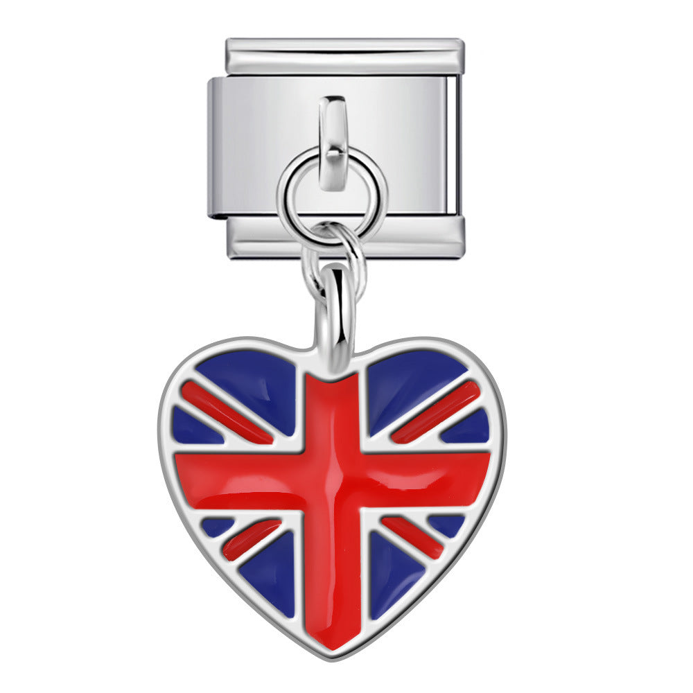 Wholesale Italian Charm Bracelet 9mm DIY Heart-shaped national flag   Creative Stainless Steel Composable Bracelet