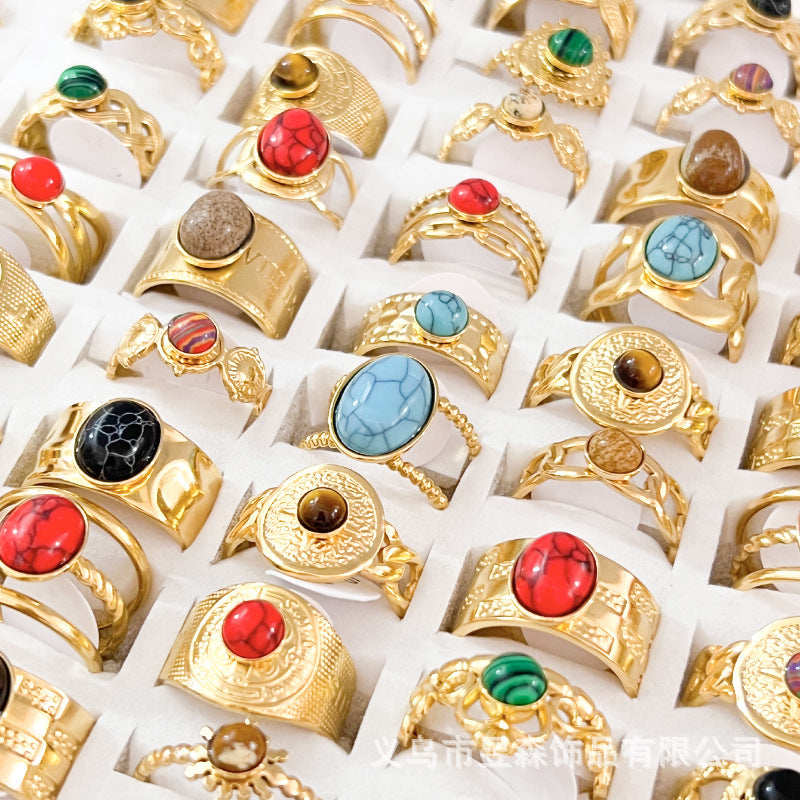 Wholesale  10pcs/set  retro ring  natural stone stainless steel ring
