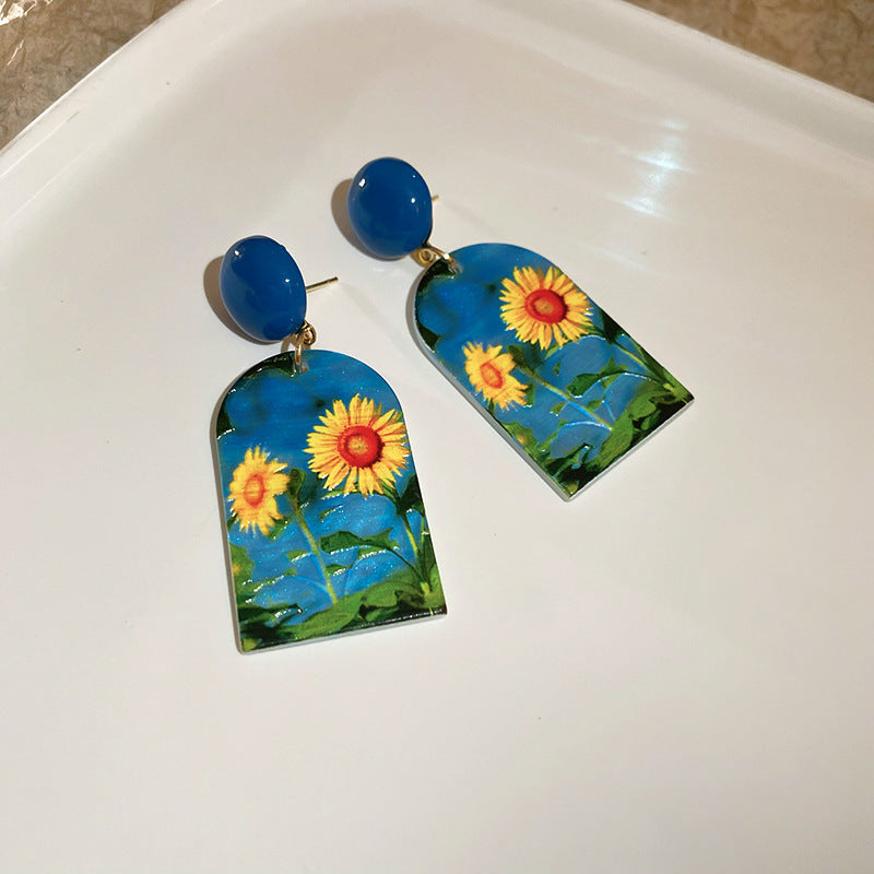Wholesale Aesthetic French Style Oil Painting Sunflower Earrings