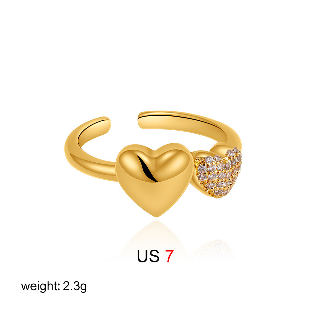 Wholesale  18K Gold Inlaid Zircon Love Ring Star Moon Tail Ring Double Heart-shaped Open Ring
