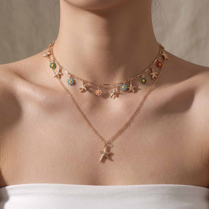 Wholesale Gold Starfish Pendant Double Layer Clavicle Chain With Drop Enamel Flower Design Fashion Jewelry Accessory For Casual Wear