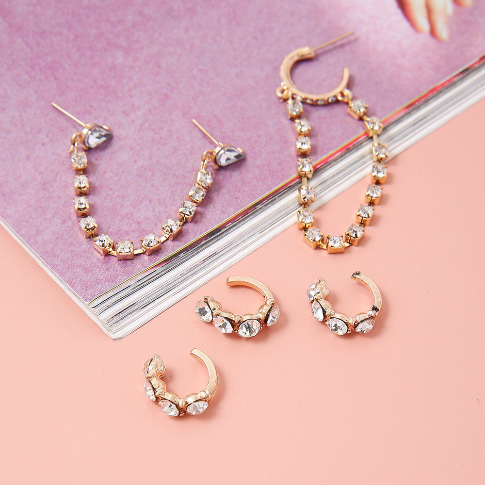 Wholesale  horse eyes sparkling rhinestone claw chain tassel C- shaped 5-piece suit earring