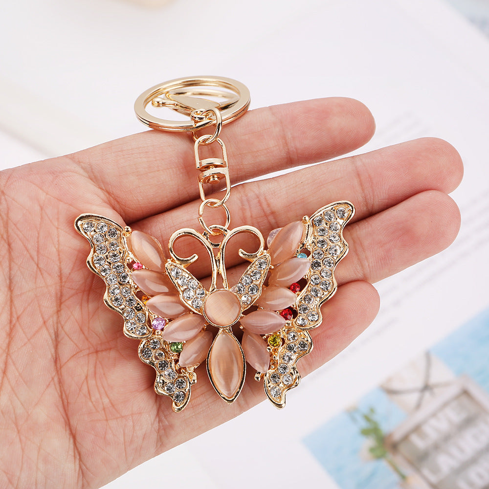 Wholesale Creative Butterfly Alloy Keychain with Cat' s Eye Gemstone