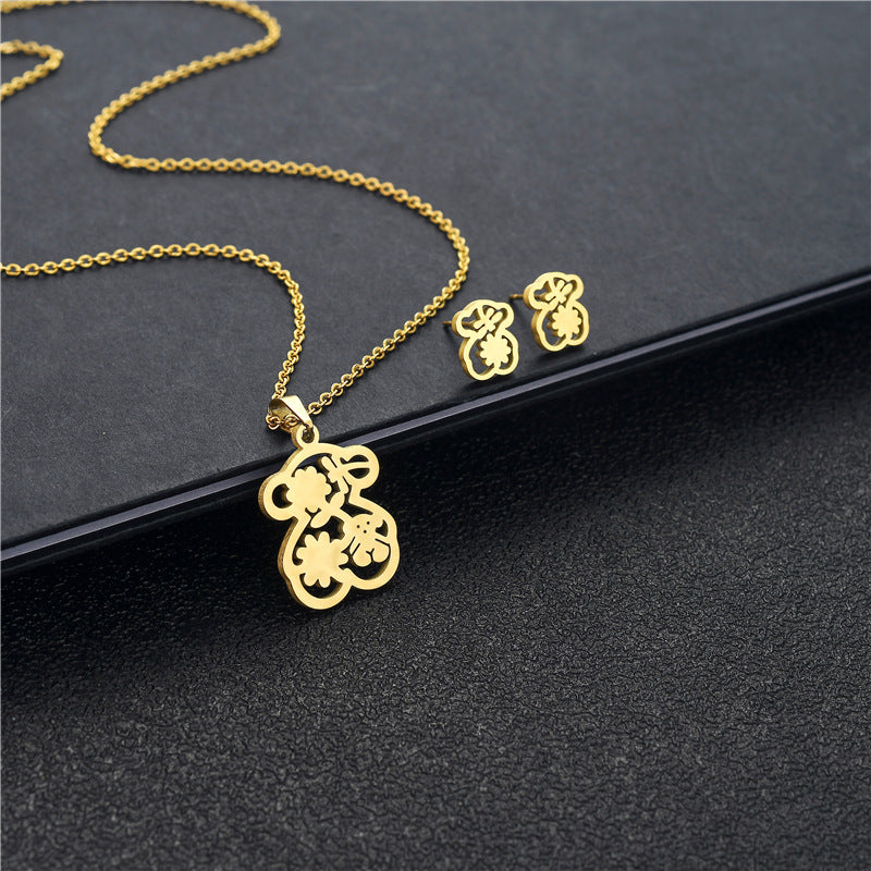 Wholesale 304 Stainless Steel 18K Gold Cute Bear Earrings Necklace Set ACC-ES-MinM007