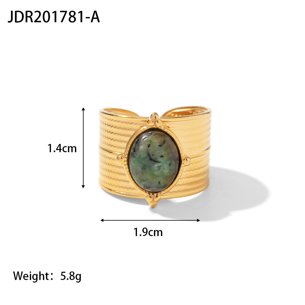 Wholesale Vintage Natural Stone 18K Gold Plated Stainless Steel Open Rings ACC-RS-WanX008