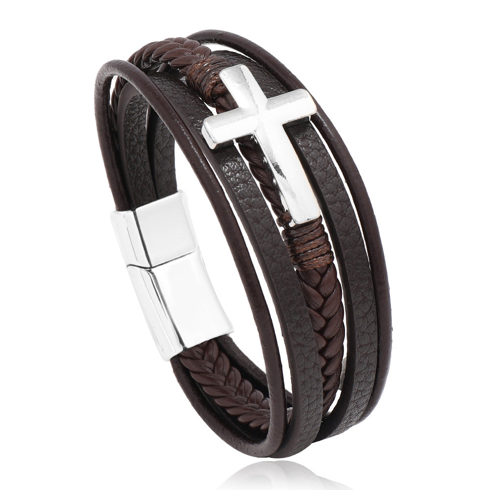Wholesale Men's Braided Leather Magnetic Clasp Cross Alloy Bracelet