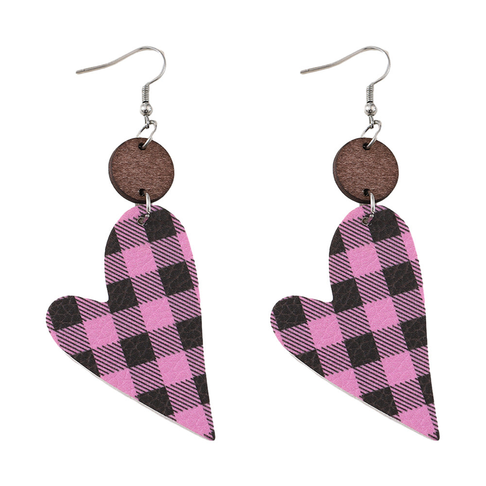 Wholesale Faux leather Valentine' s Day checkered heart double-sided dangle earrings