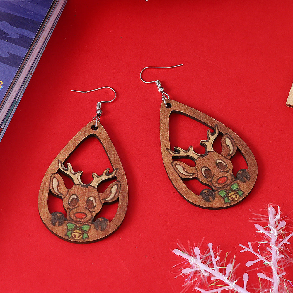 Wholesale Christmas elk hollow water drop pendant wooden double-sided stainless steel earrings