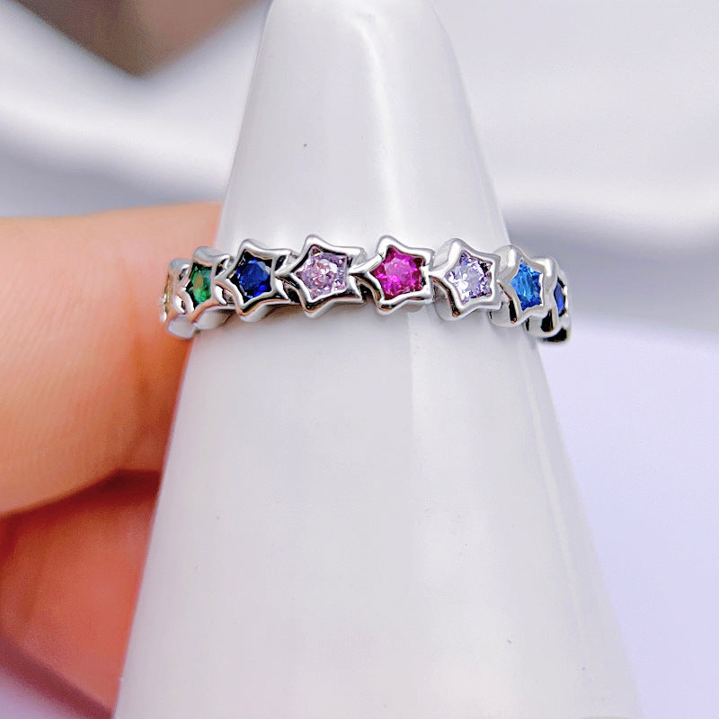 Wholesale Copper Plated 18K Gold Micro-inlaid Colored Zircon Five-pointed Star Open Adjustable Rings ACC-RS-YXY028