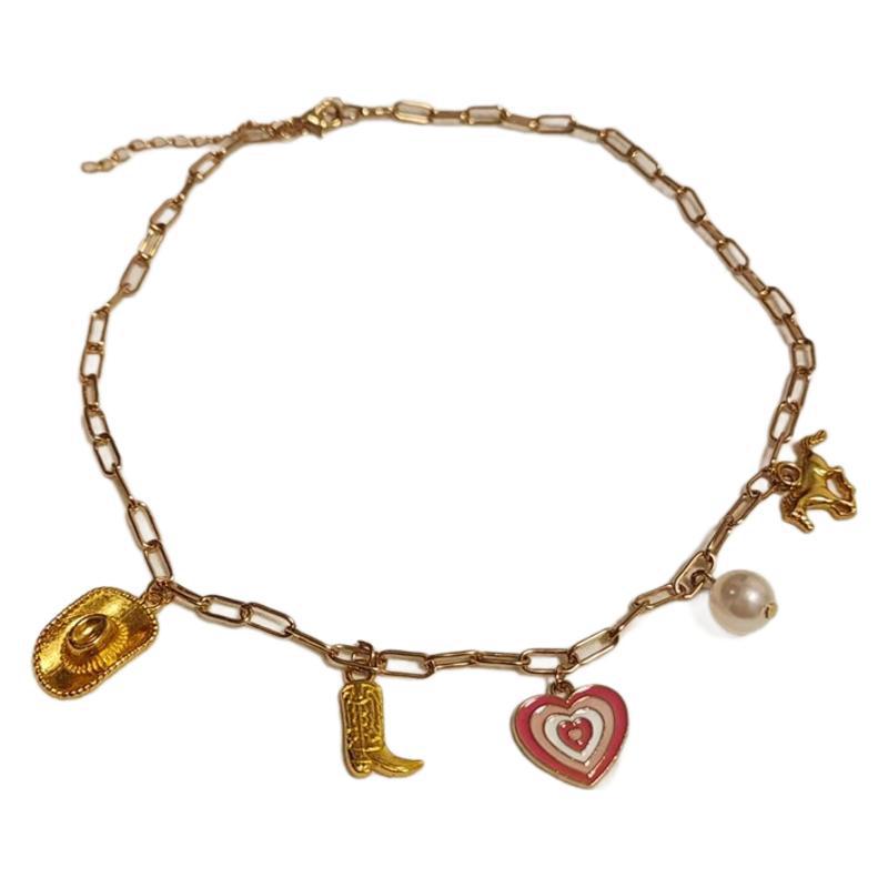 Wholesale Western Cowboy Boots Hat Layered Oil Drop Love Heart Paper Clip Necklace