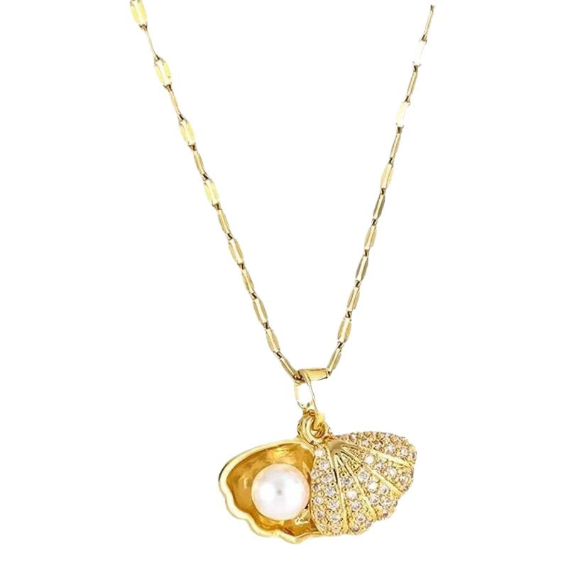 Wholesale Korean Style Shell Pearl Zircon Stainless Steel Necklace – Chic Jewelry Accessory for Women