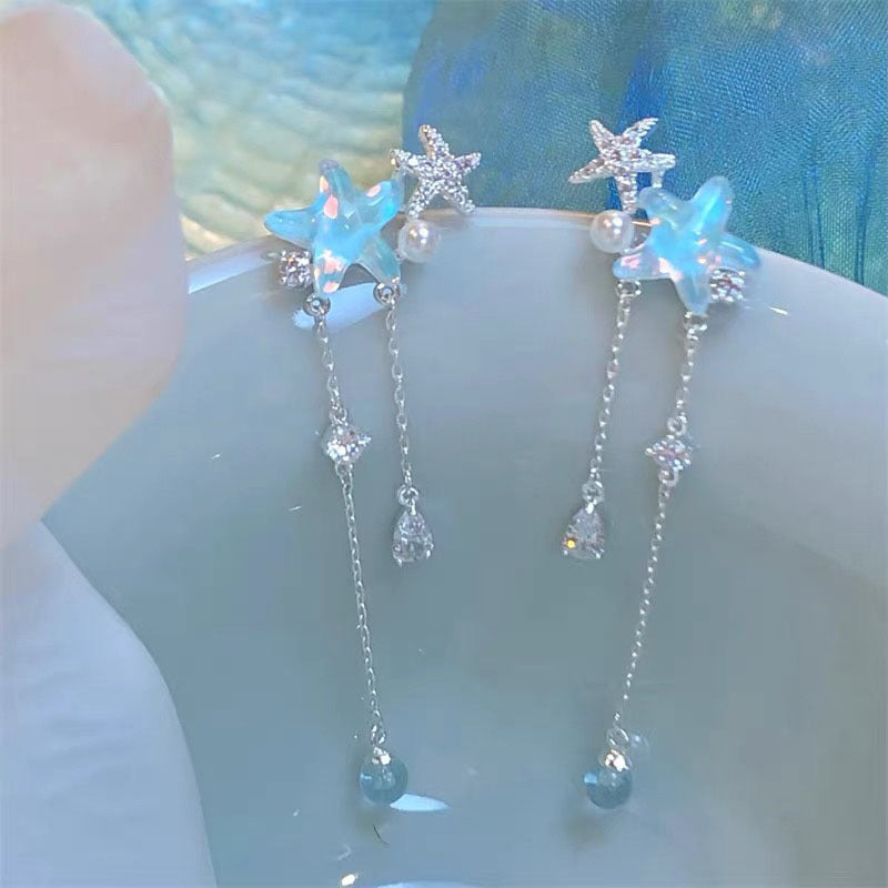 Wholesale Blue Summer Ocean Starfish Long Tassel Earrings
