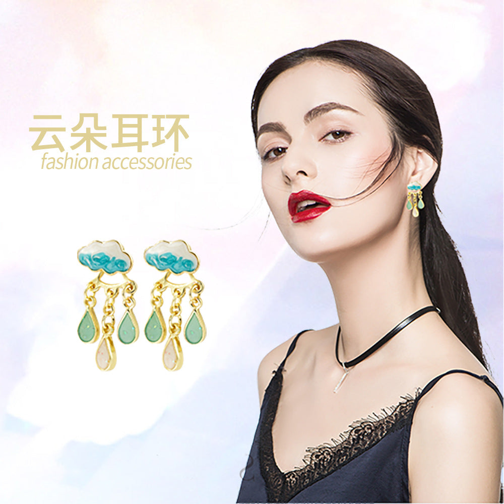Wholesale Alloy Cloud Raindrop Earrings Dripping Oil Trendy Fashion Accessory