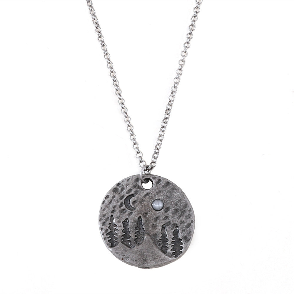 Wholesale Zinc Alloy Vintage Moonlight Pendant Necklace Disc Forest Mountain Design Antique Silver Party Gift Jewelry