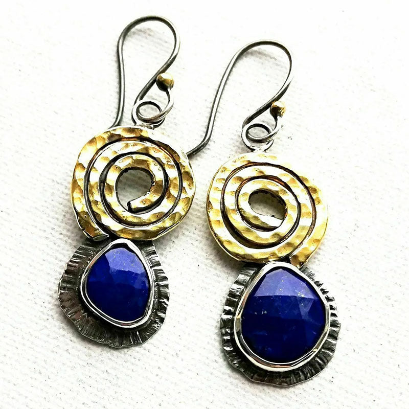 Wholesale  Lapis Lauerite Earrings  Ancient Silver Carved Metal Bamang Star Earrings
