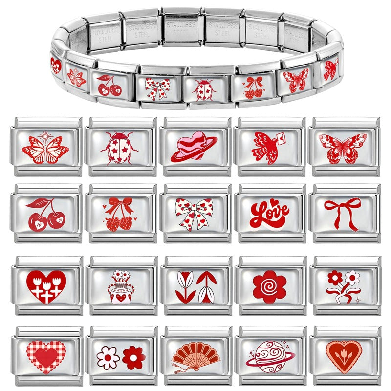 Wholesale 9mm Italian Charm Starter Bracelets DIY Red Heart Bow Stainless Steel Composable Bracelet