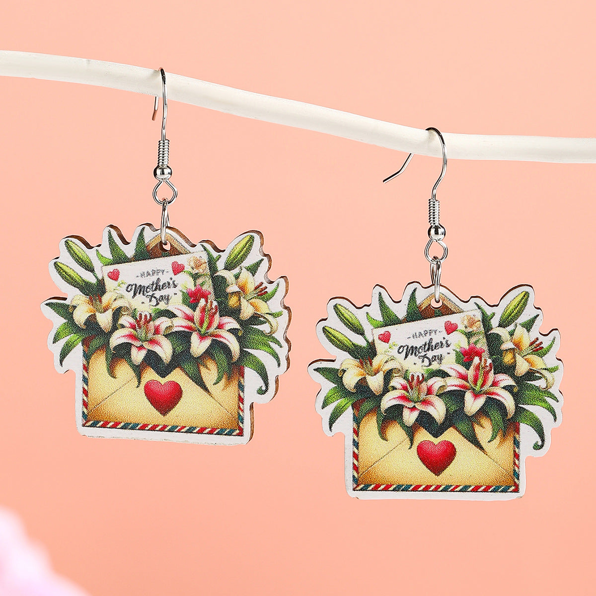 Wholesale  Mother's Day Wooden Earrings Cartoon Envelope Flower Love Earrings