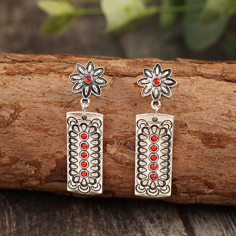 Wholesale Bohemian retro geometric inlaid red alloy earrings