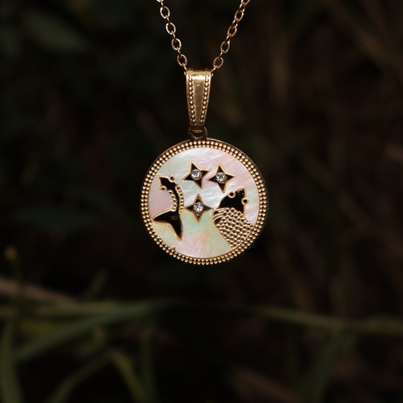 Wholesale Zodiac Diamond Round Shell Stainless Steel Pendant Necklace 18K Gold Plated