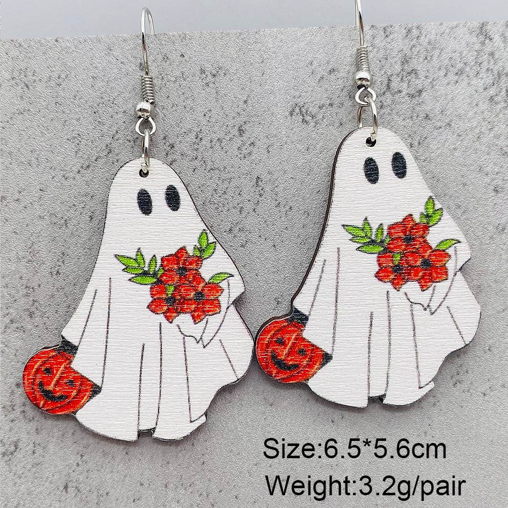 Wholesale  Halloween jewelry cartoon bat ghost pumpkin wood earrings