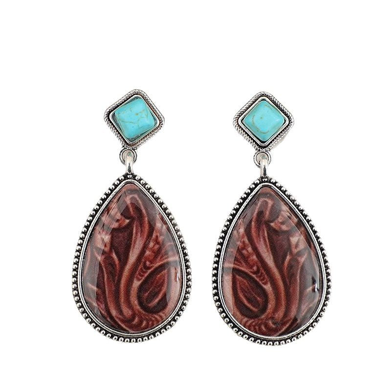 Wholesale retro drop-shaped rubber drop pattern inlaid turquoise alloy fashion earrings