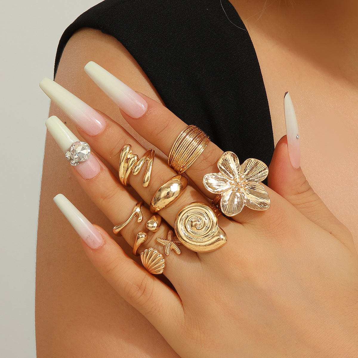 Wholesale 8Pc Gold Floral Women S Rings Set French Chic Zinc Alloy Fashion Jewelry