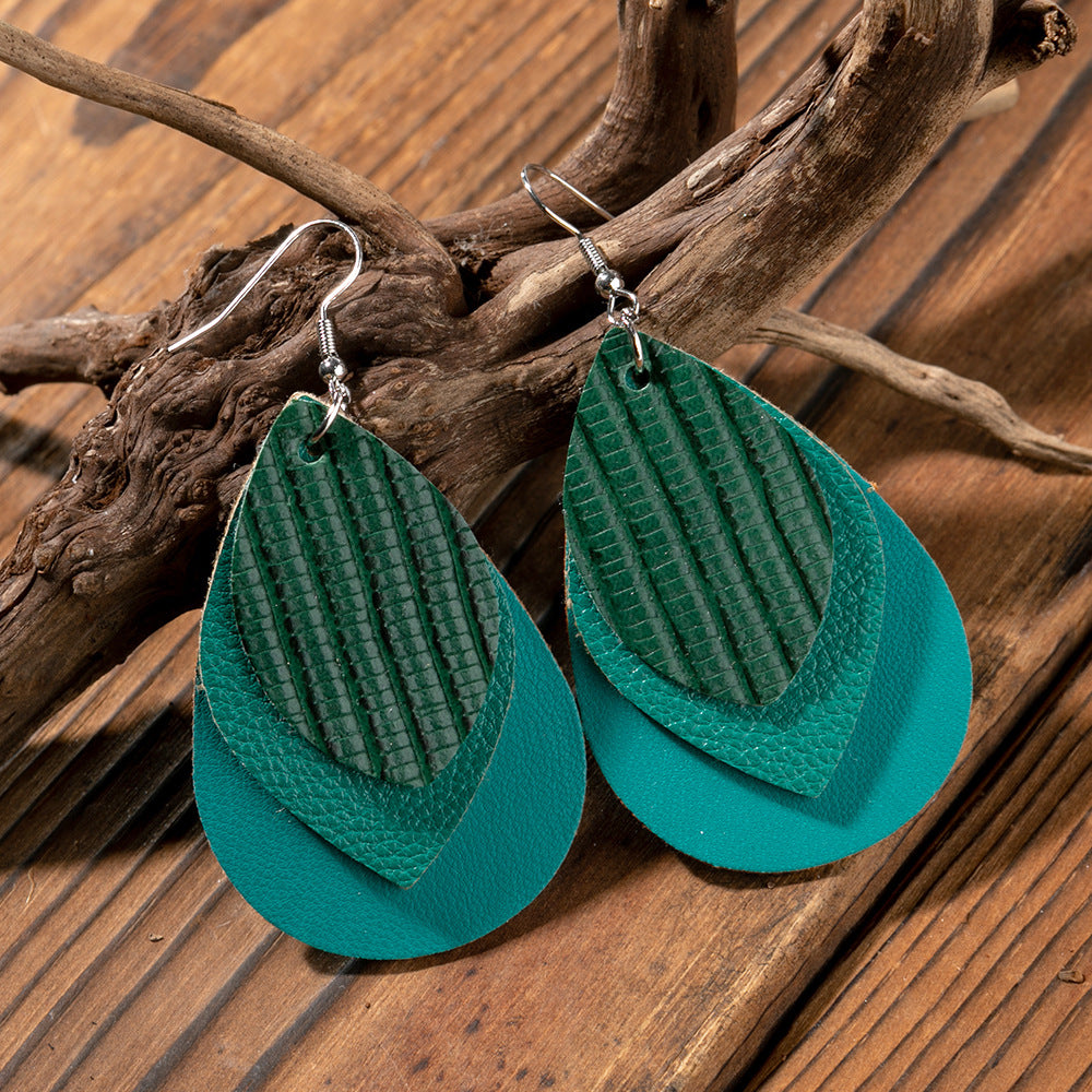 Wholesale Retro Multi-layer Water Drop Leaf PU Leather Earrings Jewelry Accessory
