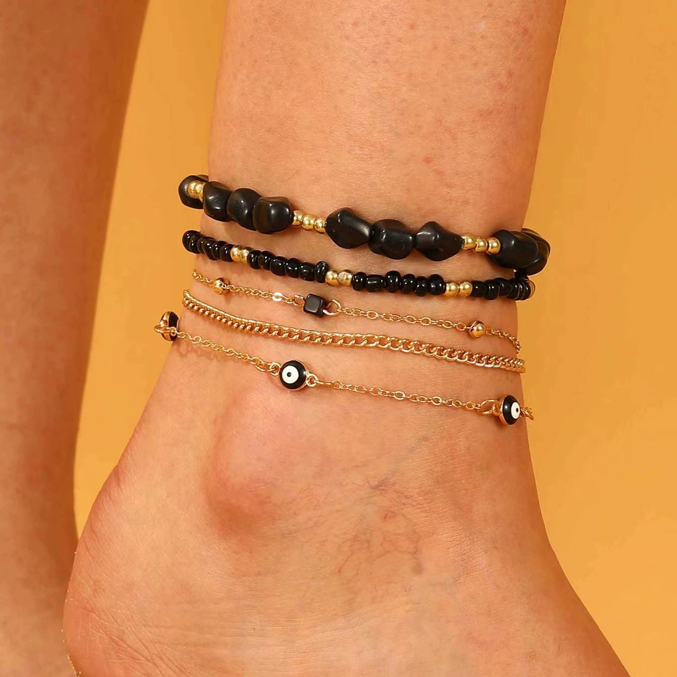 Wholesale Bohemian Vacation Style Color Random Soft Pottery Turtle Fish Tail Pendant Rice Bead Elastic Multi-Layer Foot Chain  Anklets