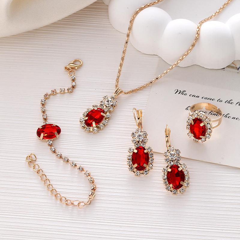 Wholesale Diamond Teardrop Oval Necklace Ring Bracelet Earrings Four-piece Sets ACC-NE-ChaoKai014