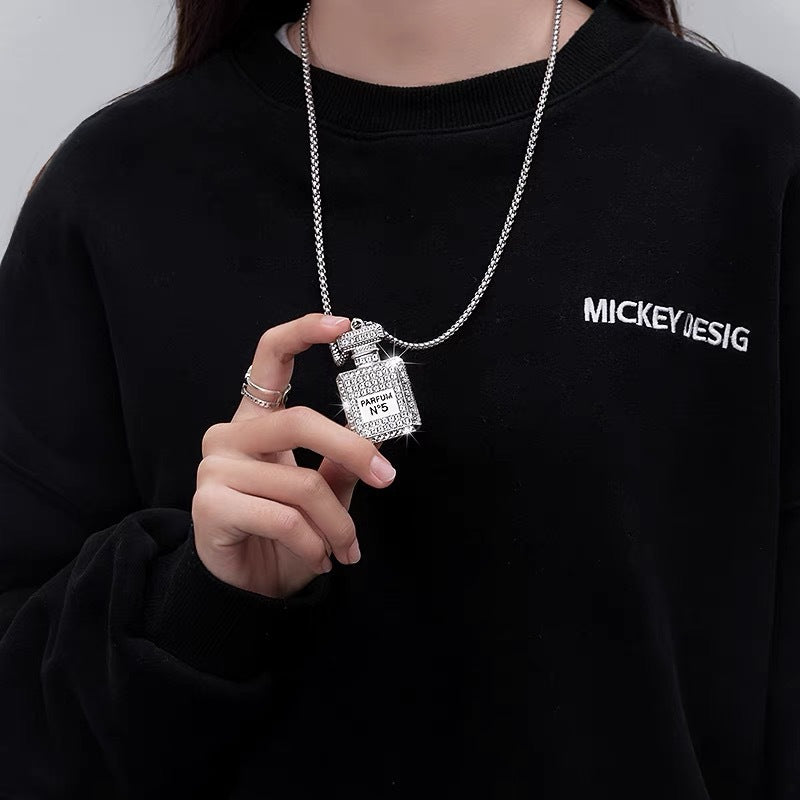 Wholesale Stainless Steel Rhinestone Perfume Bottle Pendant Long Necklace Sweater Chain Stylish Jewelry Accessory Gift