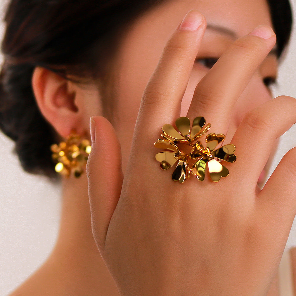 Wholesale stainless steel 18K real gold three-dimensional flower opening earrings ring