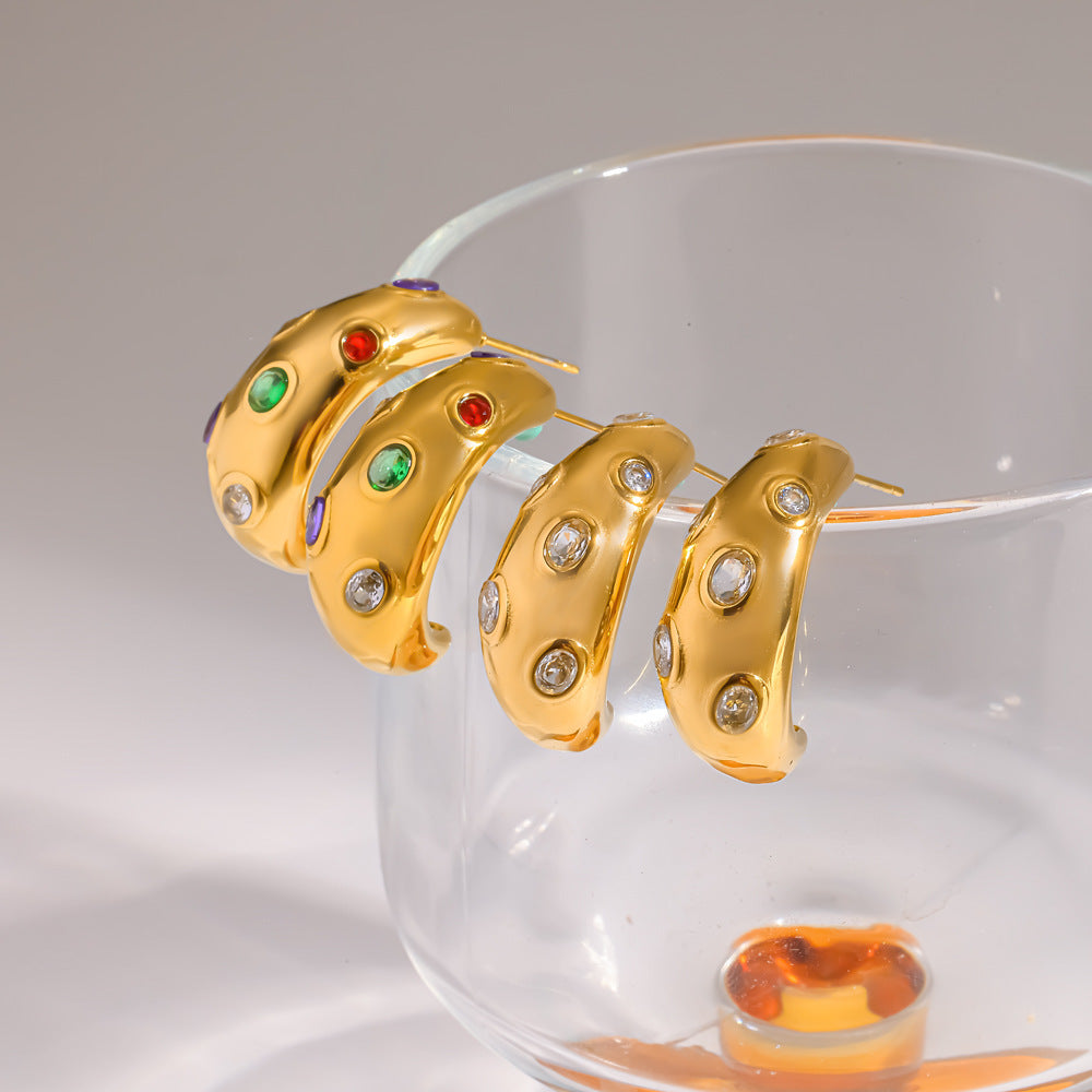 Wholesale Stainless steel stud earrings with a light luxury feeling and colorful diamonds