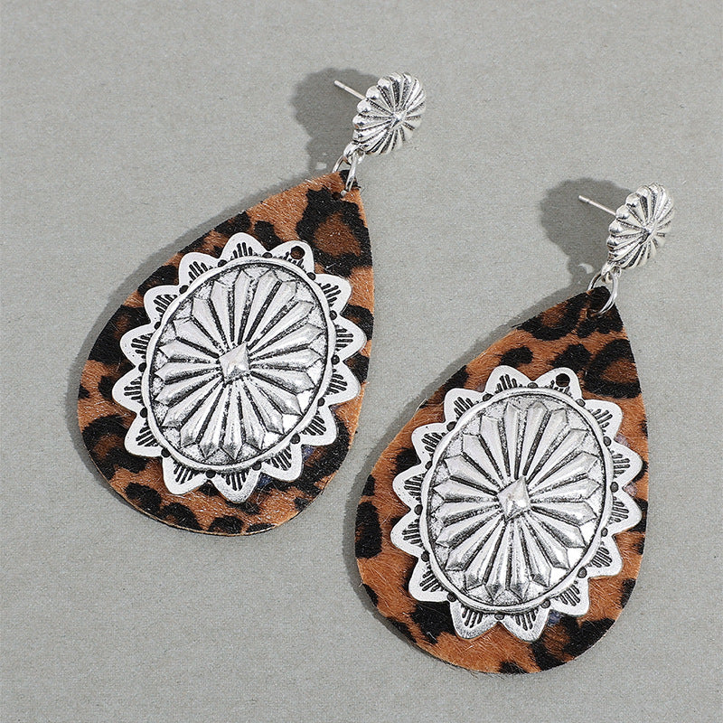 Wholesale Western Celtic alloy earrings retro horse hair leopard leather earrings